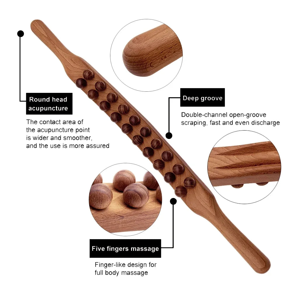 20 Beads Wood Lymphatic Drainage Massager Handheld Massage Therapy Stick for Neck Back Pain Relief Stomach Body Shaping Roller